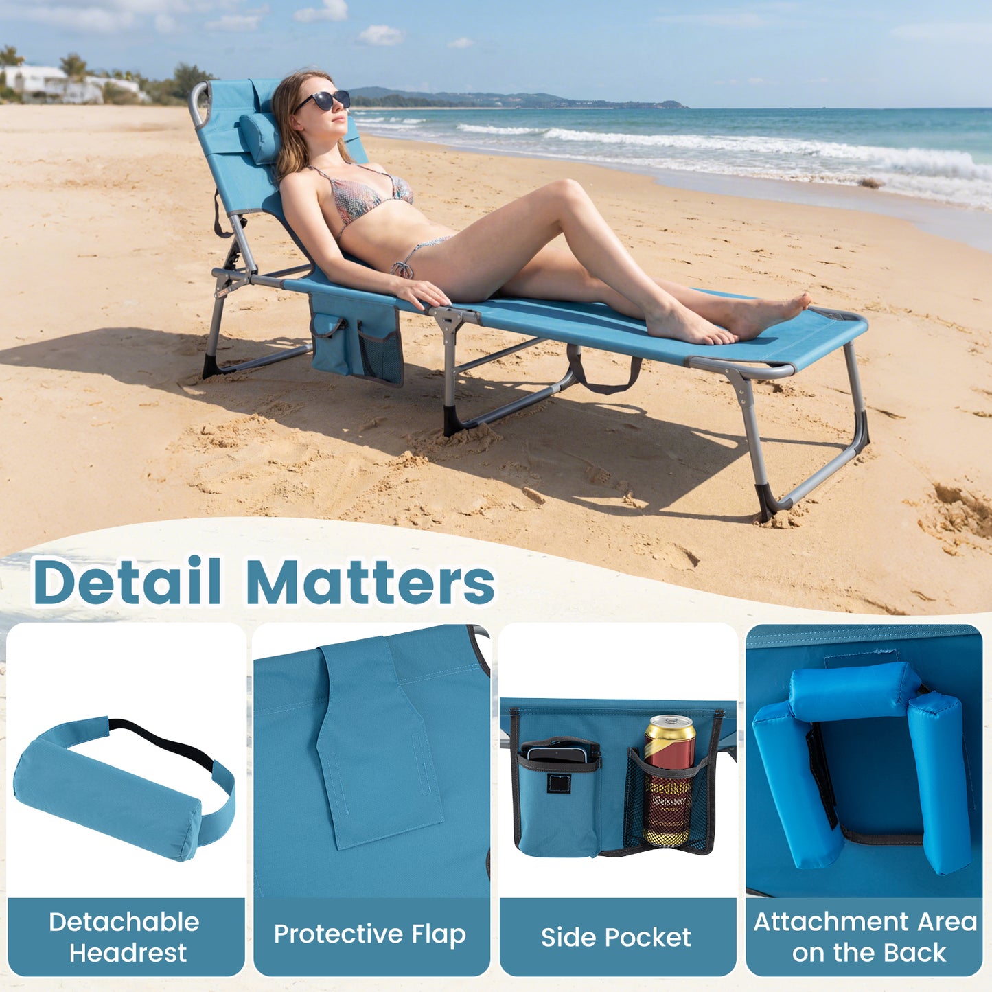 Portable Chaise Lounge Chair, 4-Position Adjustable Backrest, Set of 2, Navy Outdoor Chaise Lounges at Gallery Canada