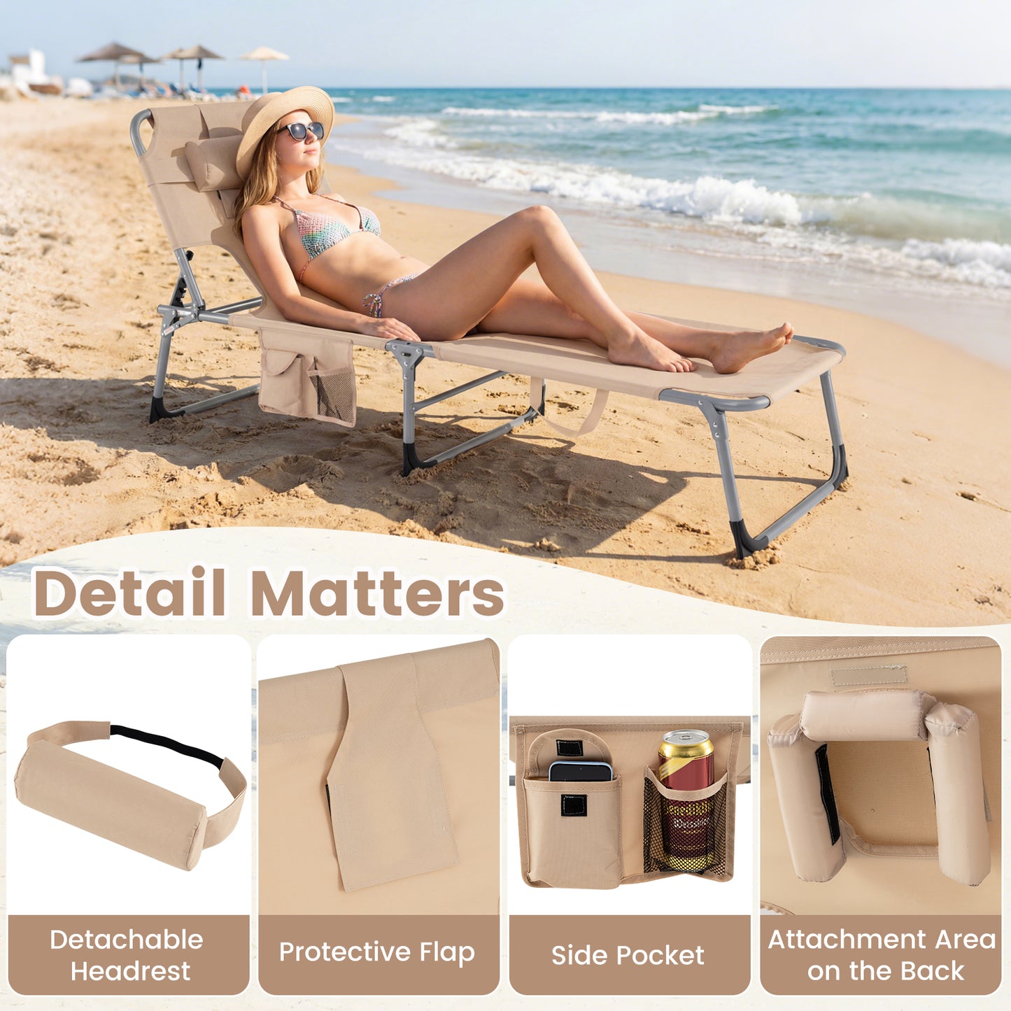 2 Tanning Chair, Portable Chaise Lounge, 4-Position Adjustable Backrest, Beige Outdoor Chaise Lounges at Gallery Canada