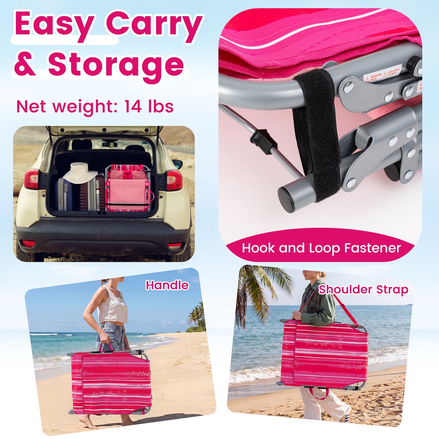 2 Tanning Chairs, Face Arm Holes, 4-Level Backrest Strip, Pink Beach & Lawn Chairs at Gallery Canada