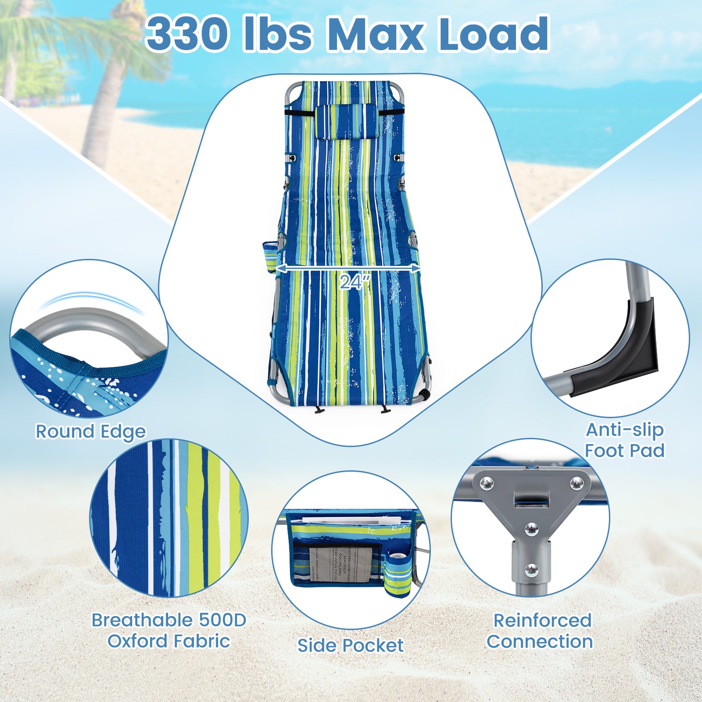 Portable Tanning Chairs, Set of 2, 4-Level Backrest, Blue & Green Beach & Lawn Chairs at Gallery Canada