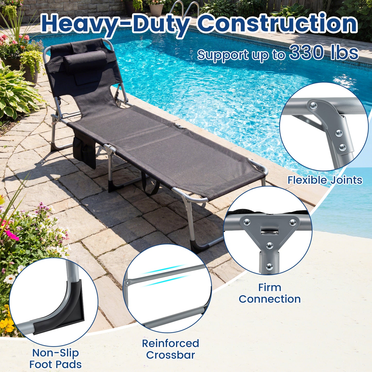 2-Pack Portable Tanning Chair, 4-Position Adjustable Backrest, Black Outdoor Chaise Lounges at Gallery Canada