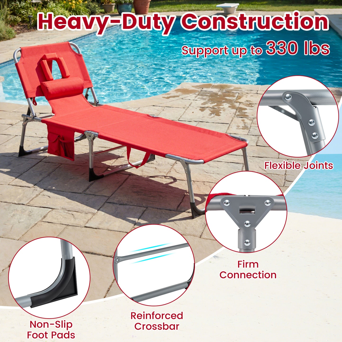 2-Pack Portable Tanning Chair, 4-Position Adjustable Backrest, Red Outdoor Chaise Lounges at Gallery Canada