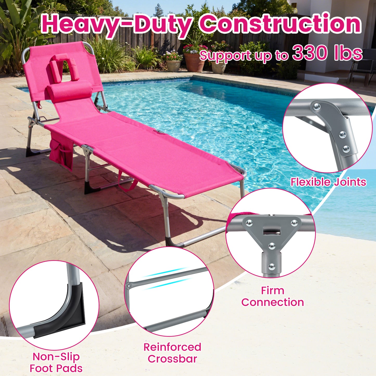 Portable Tanning Chair, 4-Position Adjustable Backrest, Set of 2, Pink Outdoor Chaise Lounges at Gallery Canada