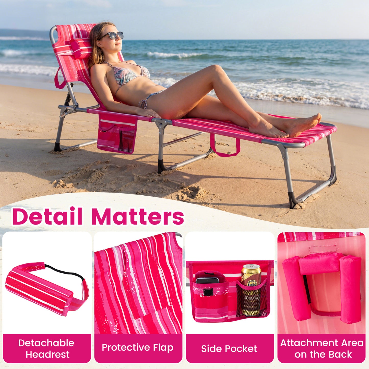 Portable Chaise Lounge Chair, 4-Position Adjustable Backrest, Stripe, Pink Outdoor Chaise Lounges at Gallery Canada