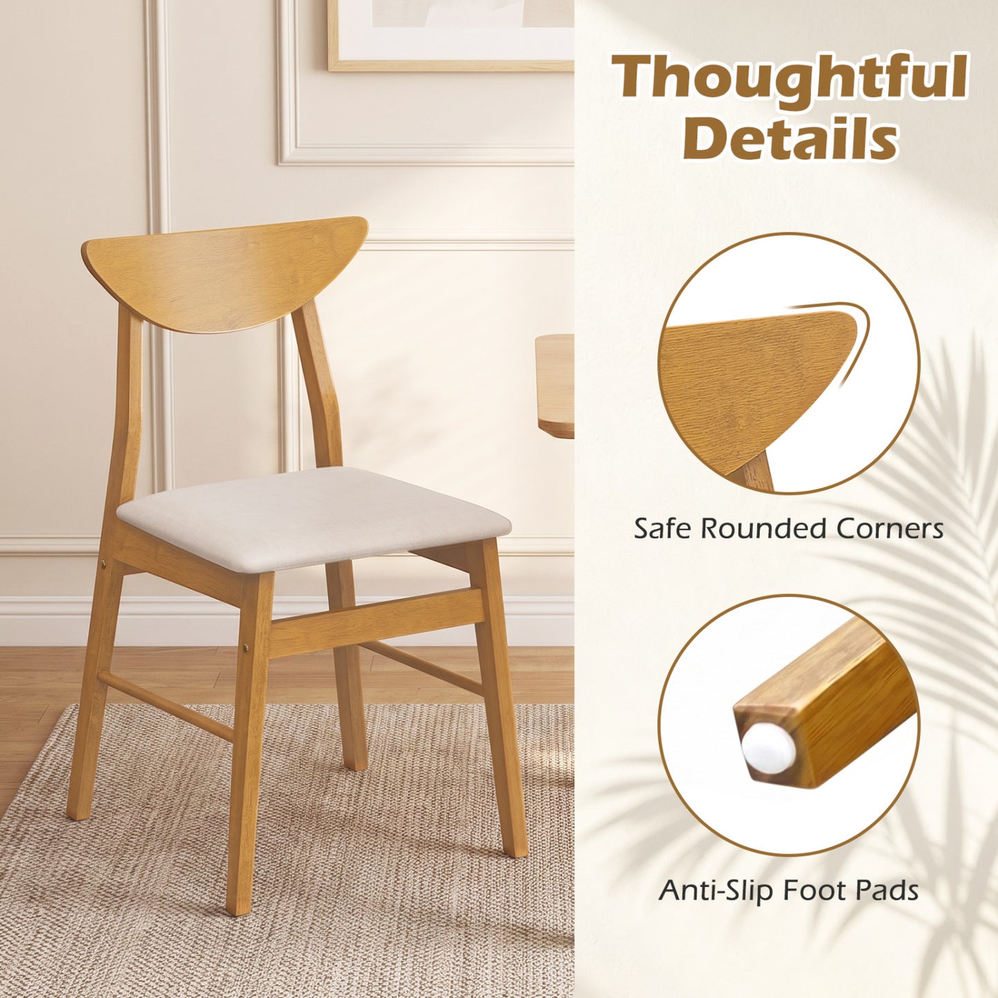 Set of 2 Upholstered Dining Chairs, Curved Back, Natural