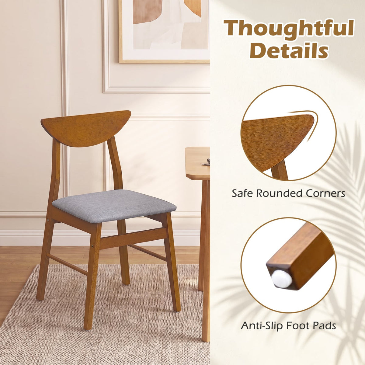 2 Upholstered Dining Chairs, Curved Backrest, Rubber Wood, Walnut