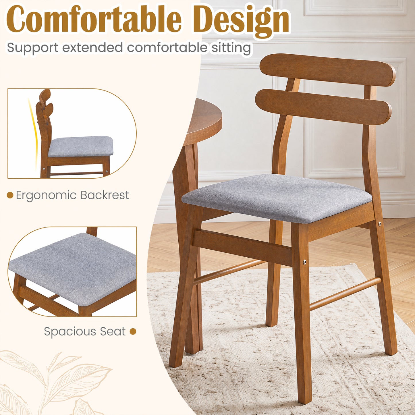 2 Upholstered Dining Chairs, Padded Seat, Solid Wood Legs, Walnut