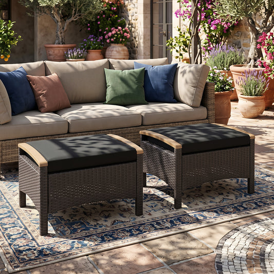 Set of 2 Wicker Ottoman with Cushion, Black Outdoor Seating & Patio Chairs Black at Gallery Canada