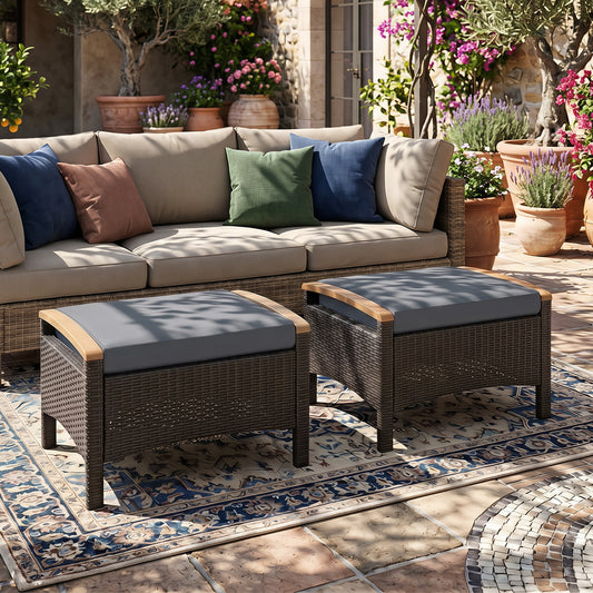 Set of 2 Wicker Patio Ottoman Fade-Resistant Foot Rest with Cushion, Gray Outdoor Seating & Patio Chairs Gray at Gallery Canada