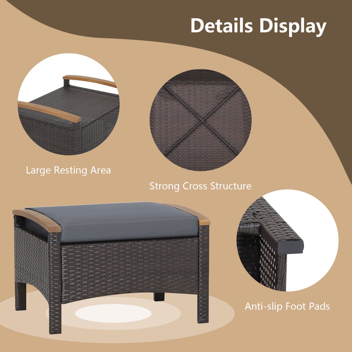 Set of 2 Wicker Patio Ottoman Fade-Resistant Foot Rest with Cushion, Gray Outdoor Seating & Patio Chairs at Gallery Canada