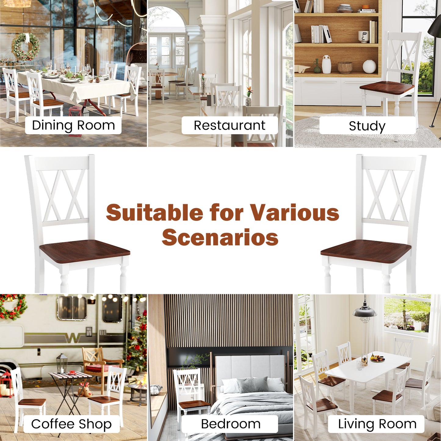 Set of 2 Wooden Farmhouse Kitchen Chairs with Rubber Wood Seat-2 Pieces, White Dining Chairs at Gallery Canada