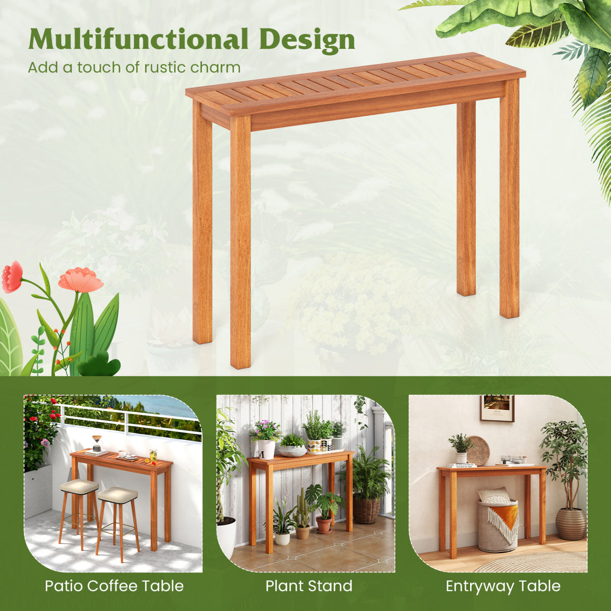 2-Piece Wooden Plant Stand, Indoor Outdoor Solid Wood Shelf, M, Brown