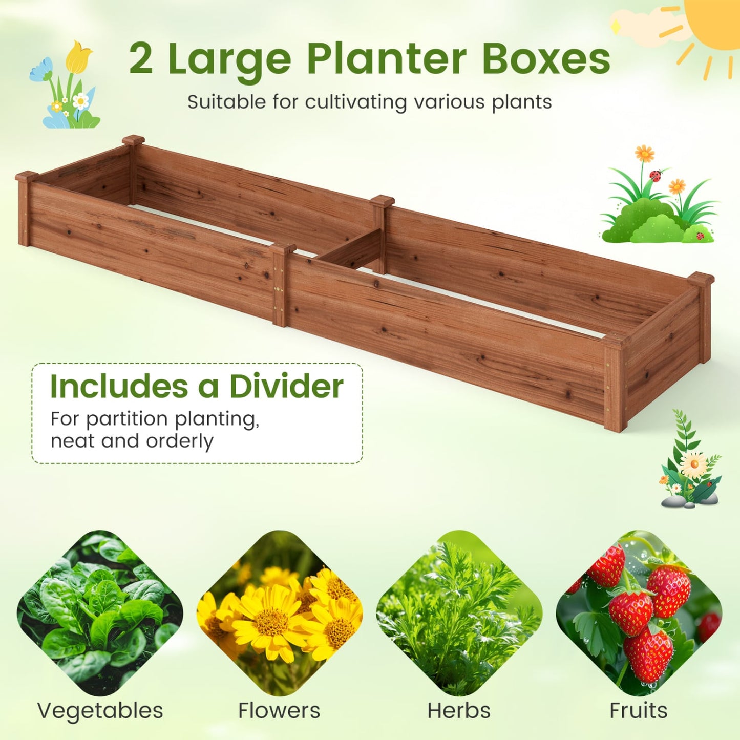 Set of 2 Wooden Raised Garden Beds, Brown