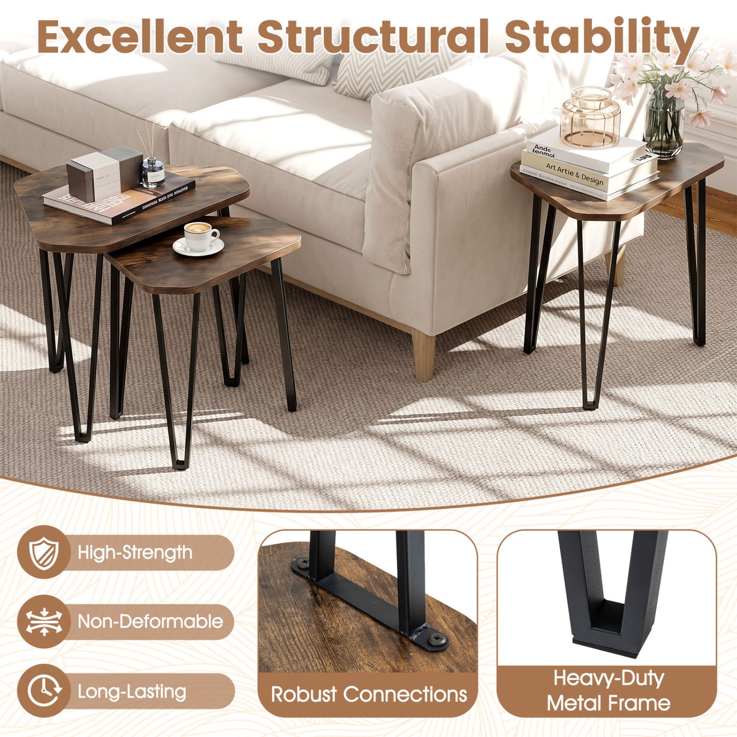 Set Of 3 Nesting Coffee Tables, Engineered Wood, Metal Frame, Rustic Brown