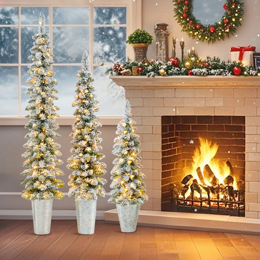 Set of 3 Pre-Lit Snow Flocked Artificial Christmas Trees, Green Christmas Tree Green at Gallery Canada