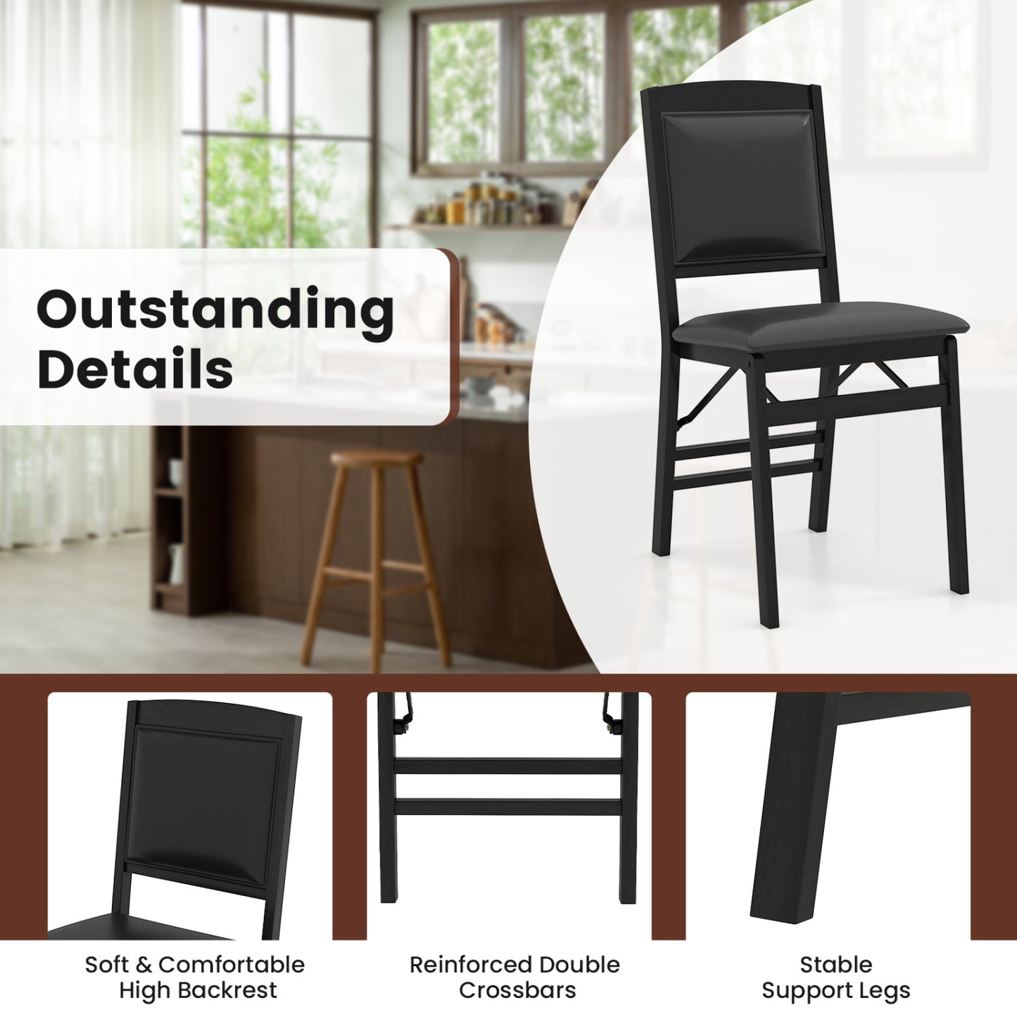 Folding Dining Chairs, Set of 4, Padded Seat, High Backrest, Black Dining Chairs at Gallery Canada