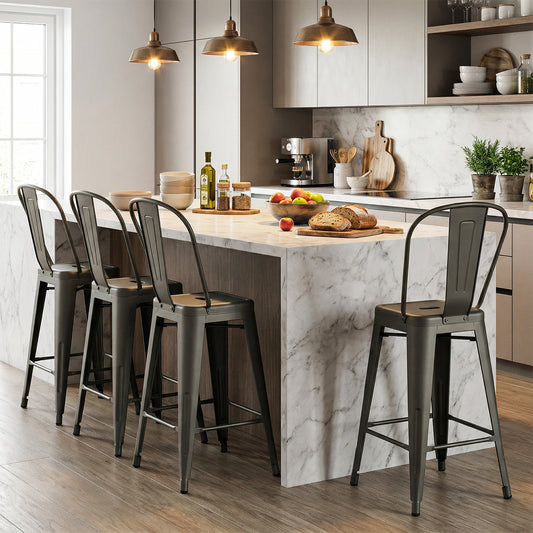 Set Of 4 Metal Bar Stools, Backrests And Footrests, Gun Metal Bar Stools Gun at Gallery Canada