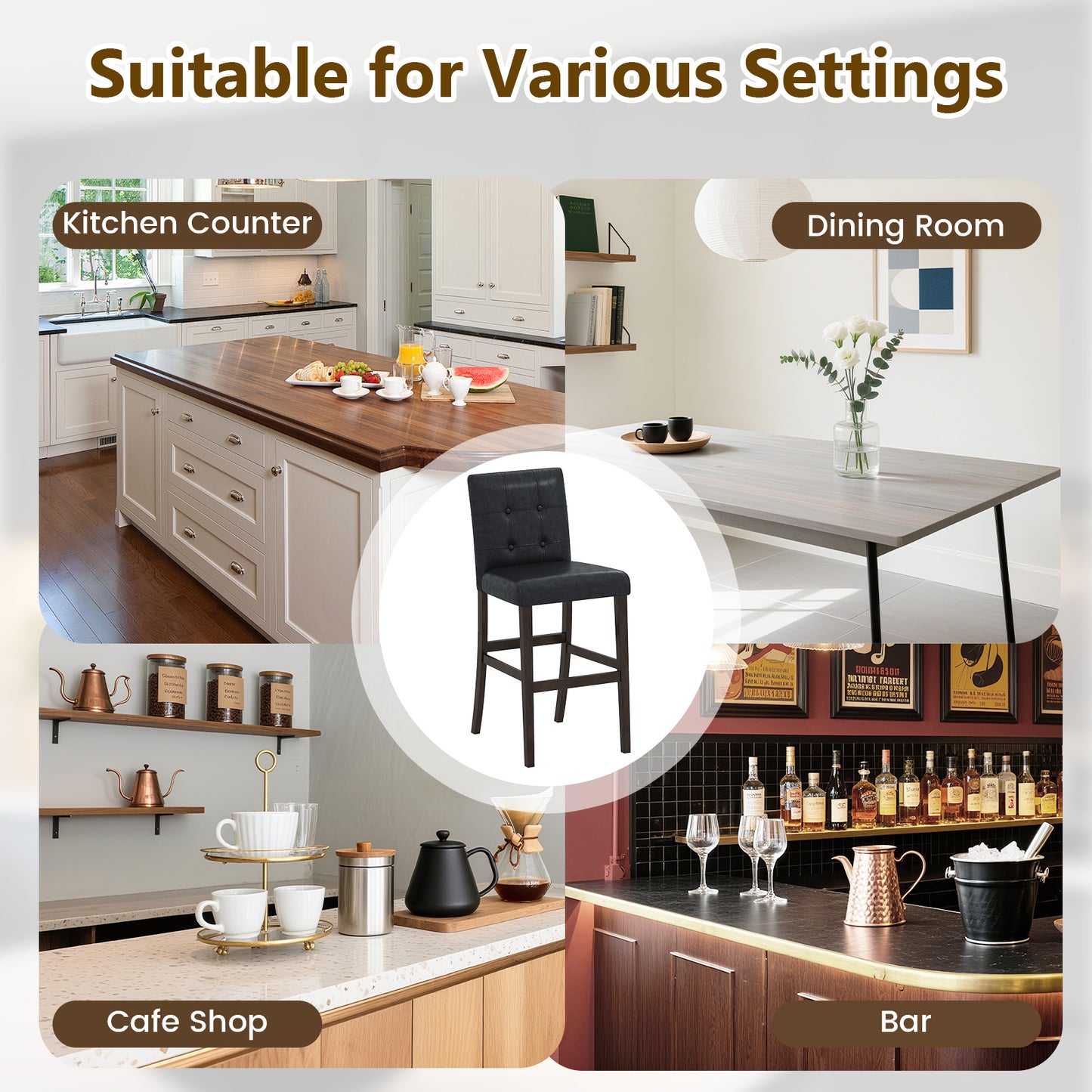 Set of 4 PVC Dining Leather Bar Stools with Solid Wood Legs-24 icnh Bar Stools at Gallery Canada