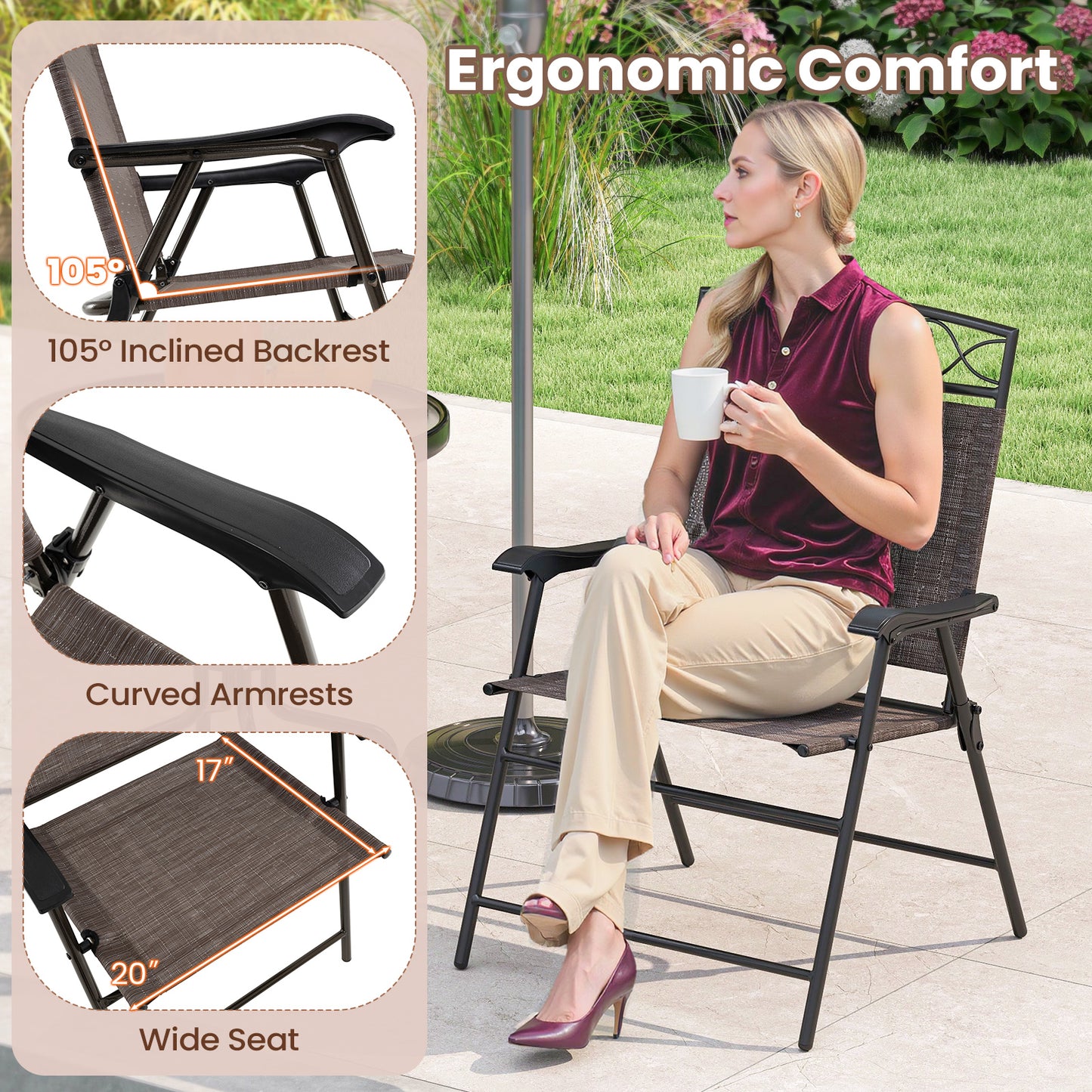 Set of 4 Patio Folding Chairs Set Dining Chairs with Armrests, Brown Patio Dining Chairs at Gallery Canada