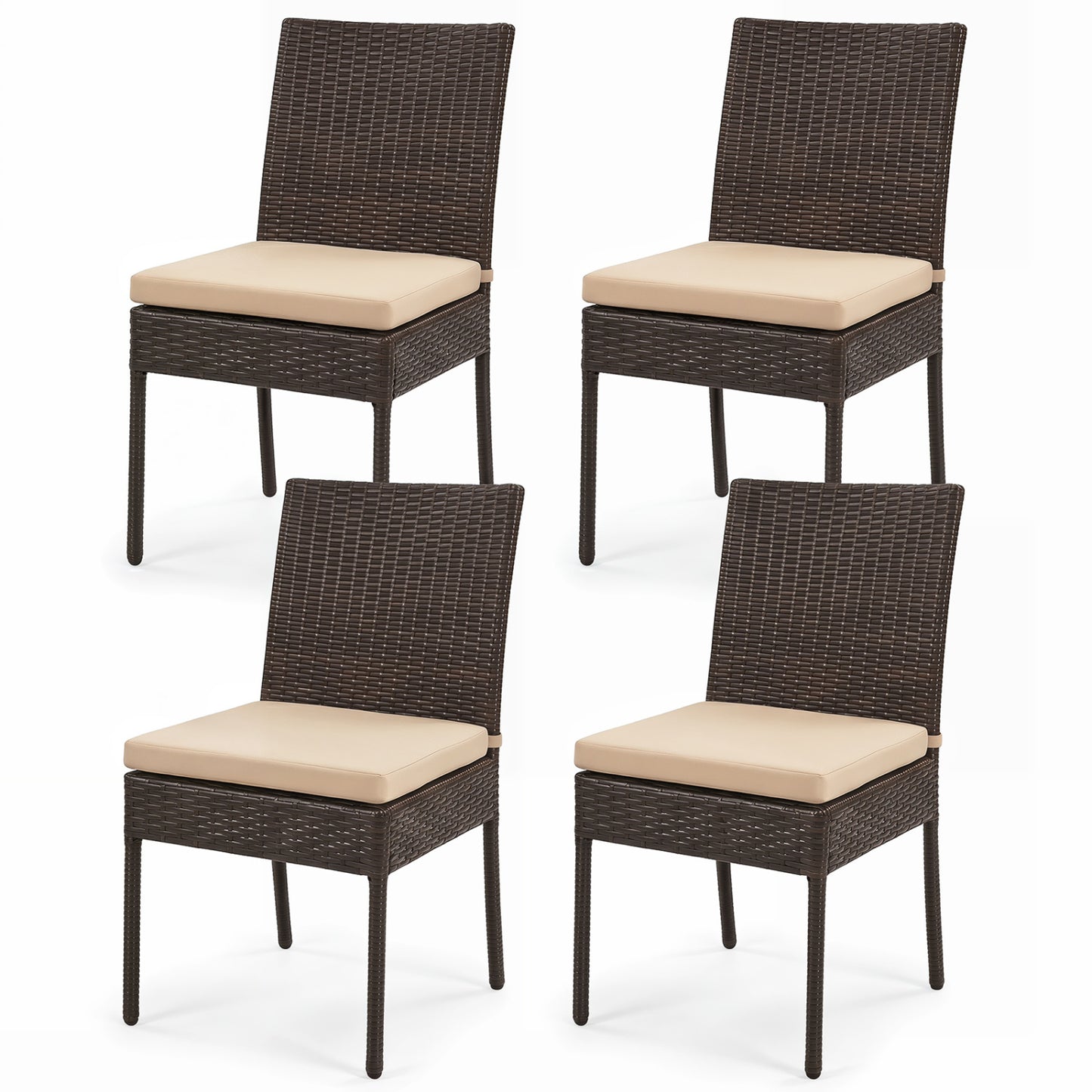 Set of 4 Patio Rattan Dining Chairs with Cushions, Brown