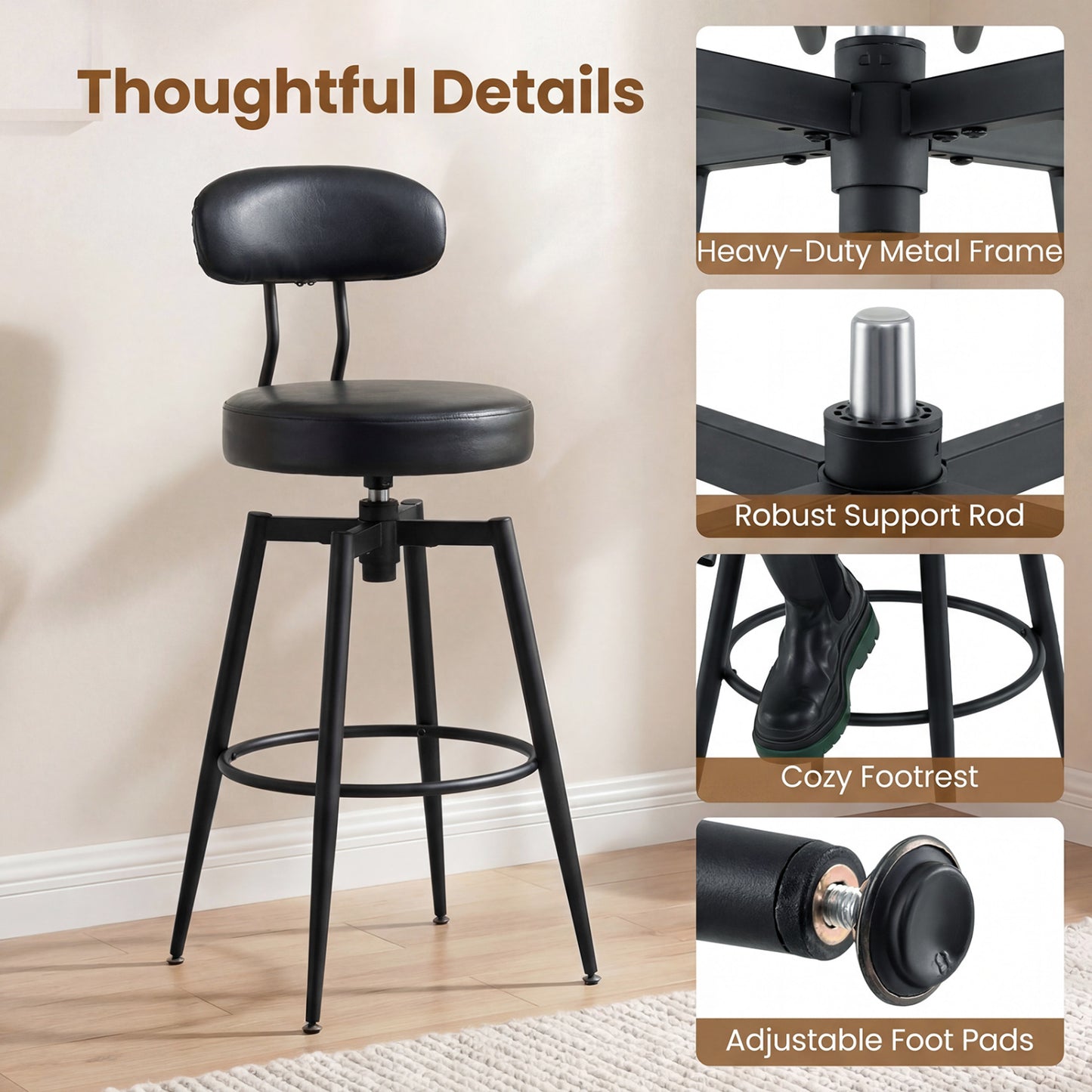 Set Of 4 Swivel Barstools, Faux Leather Upholstered Seat And Back, Black Bar Stools at Gallery Canada
