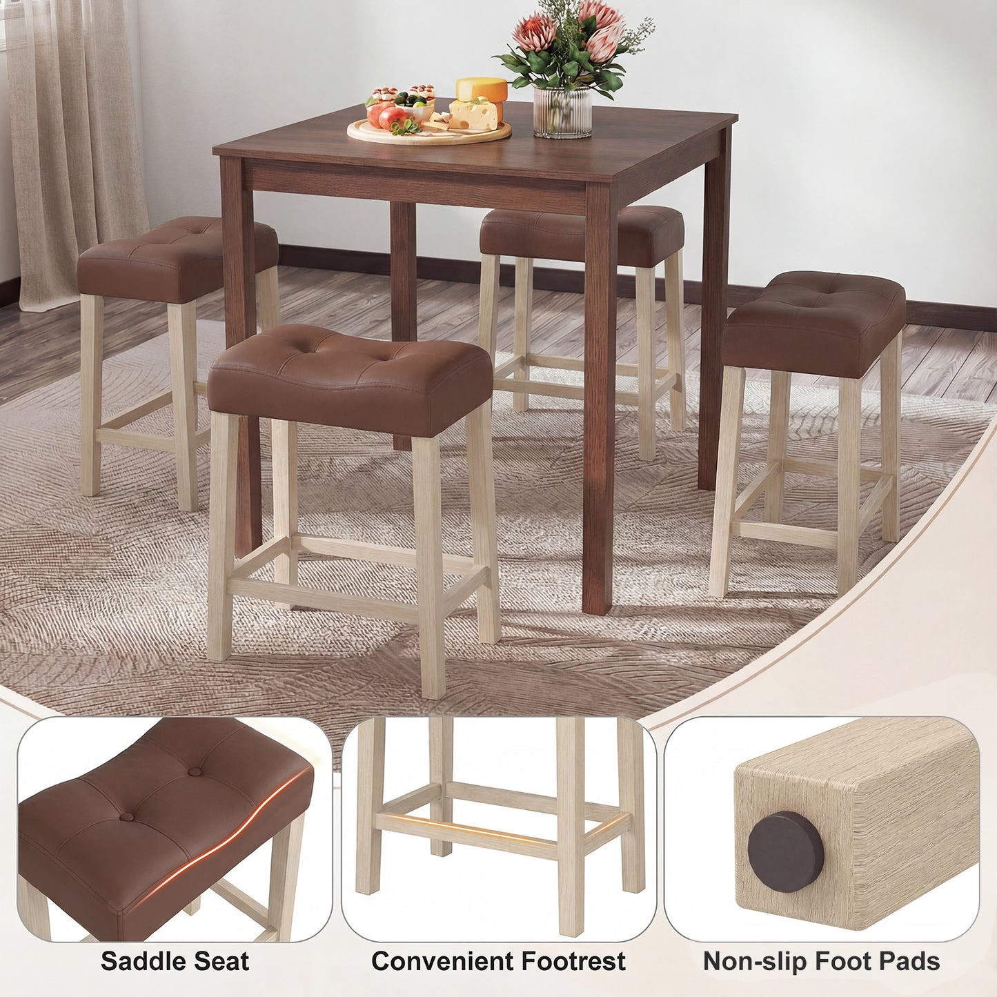 Set of 4 Upholstered Counter Height Bar Stool with Curved Saddle-Seat, Natural Bar Stools at Gallery Canada
