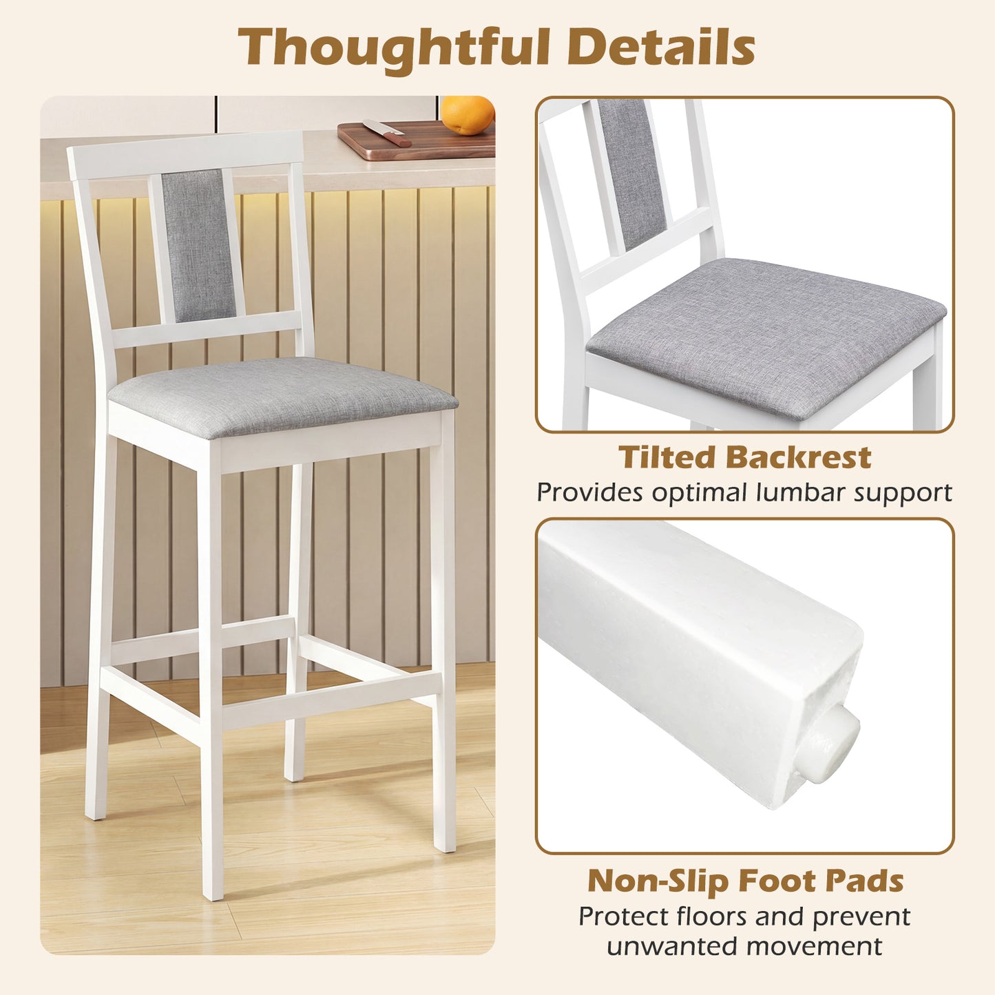 Set of 4 Upholstered Barstools, 29.5 Inch Bar Height, Solid Rubber Wood Frame, White Bar Stools at Gallery Canada