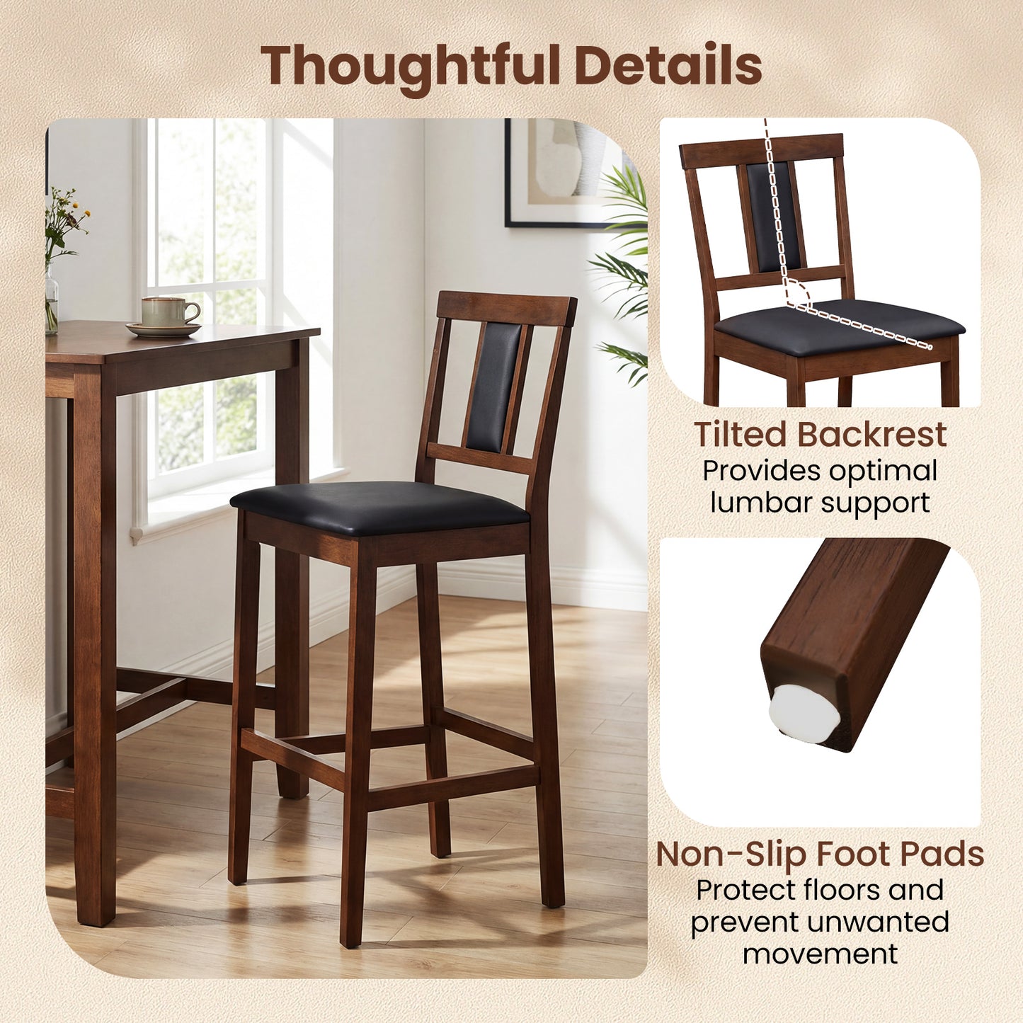 Upholstered Barstool Set, 29.5 Inch Bar Height, Solid Rubber Wood Frame, Walnut Bar Stools at Gallery Canada