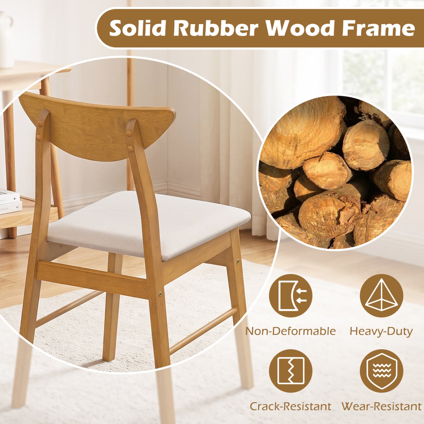 4 Upholstered Dining Chairs, Curved Backrest, Rubber Wood Frame, Natural
