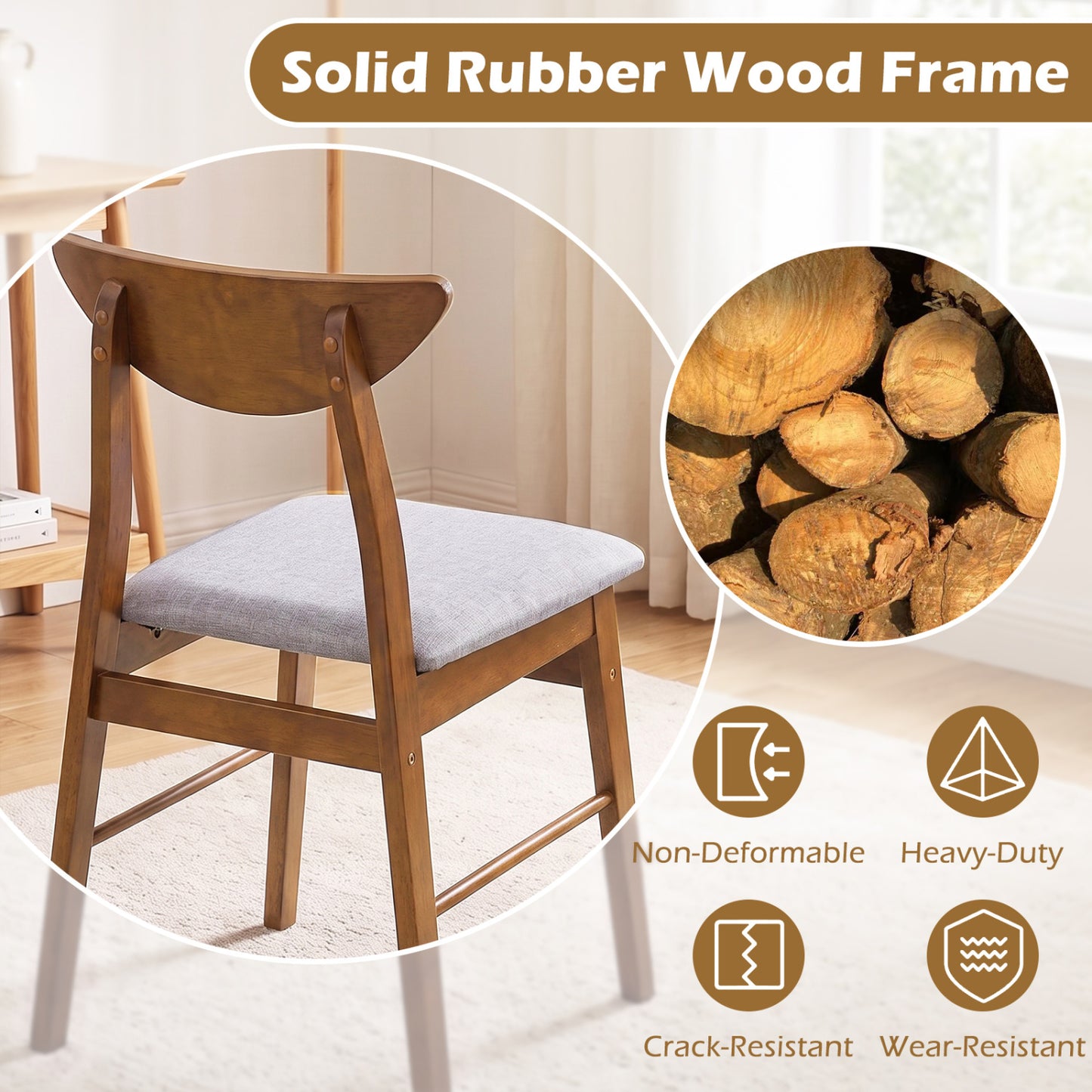 4 Upholstered Dining Chairs, Curved Backrest, Rubber Wood Frame, Walnut