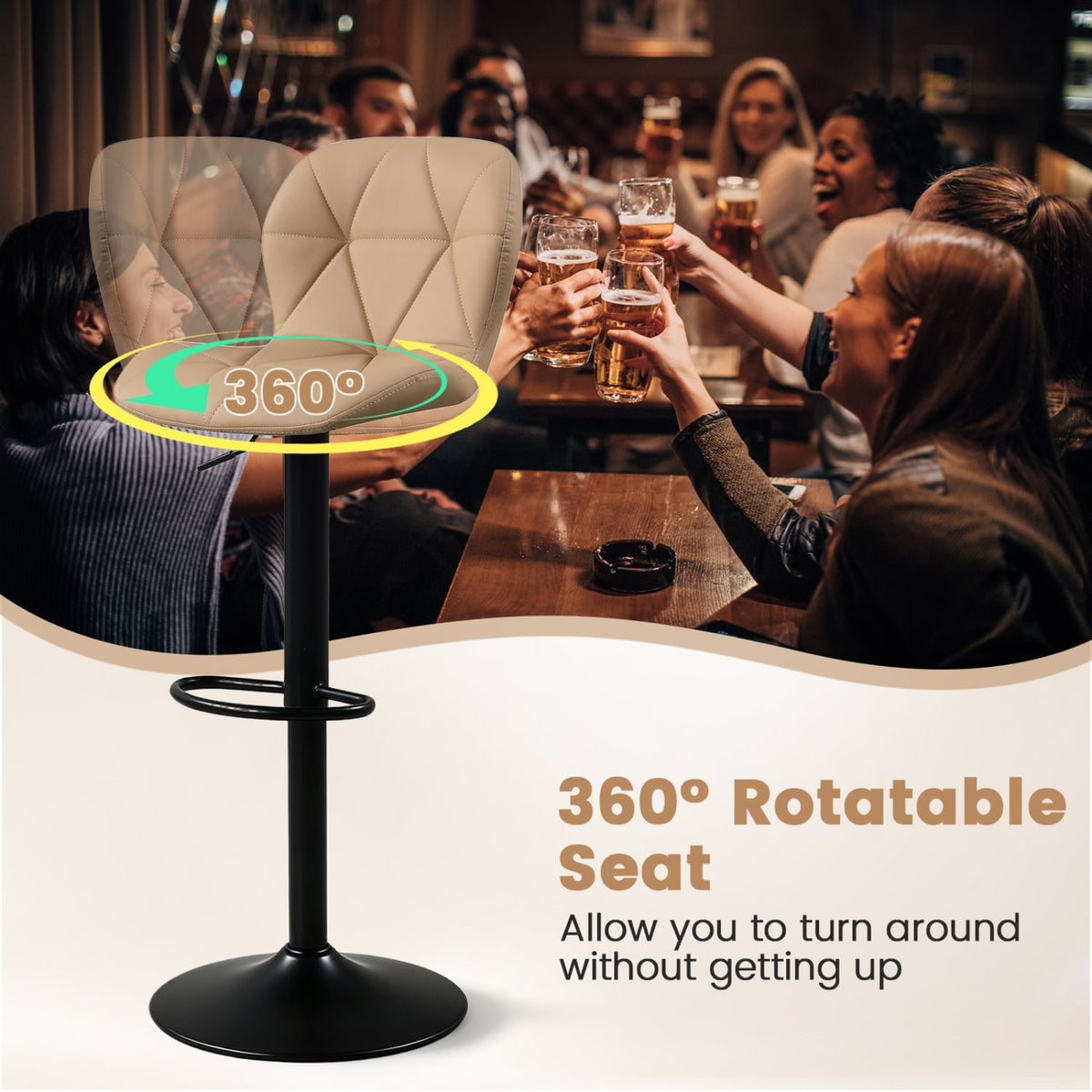 4 tabourets de bar pivotants rembourrés, kaki