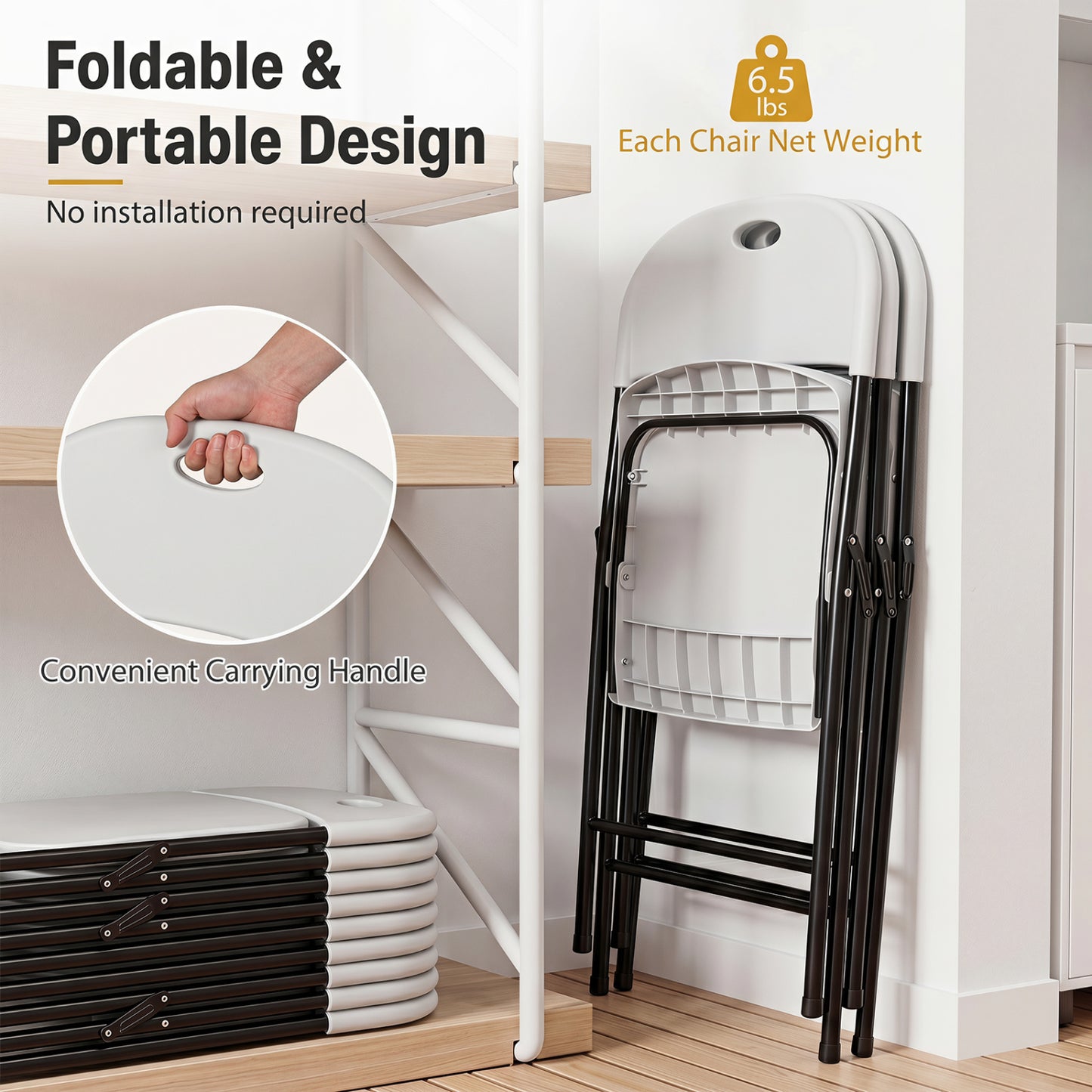 Set of 6 Foldable Plastic Chairs, White