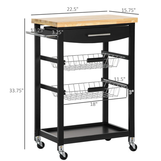 3-Tier Utility Kitchen Cart with Handle Bar, Steel Basket Rolling Kitchen Island, Food Storage Service Trolley with Wheels, Rubber Wood Top, Black - Gallery Canada