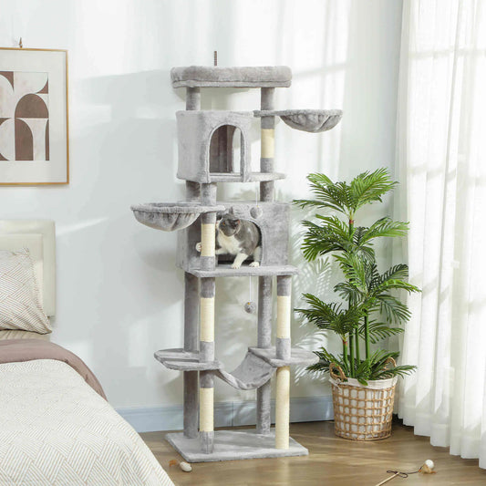 69" Cat Tree, Multi-Level Tower with 2 Condos, Plush Perch, Sisal Posts, Light Grey Cat Towers Light Grey, White at Gallery Canada