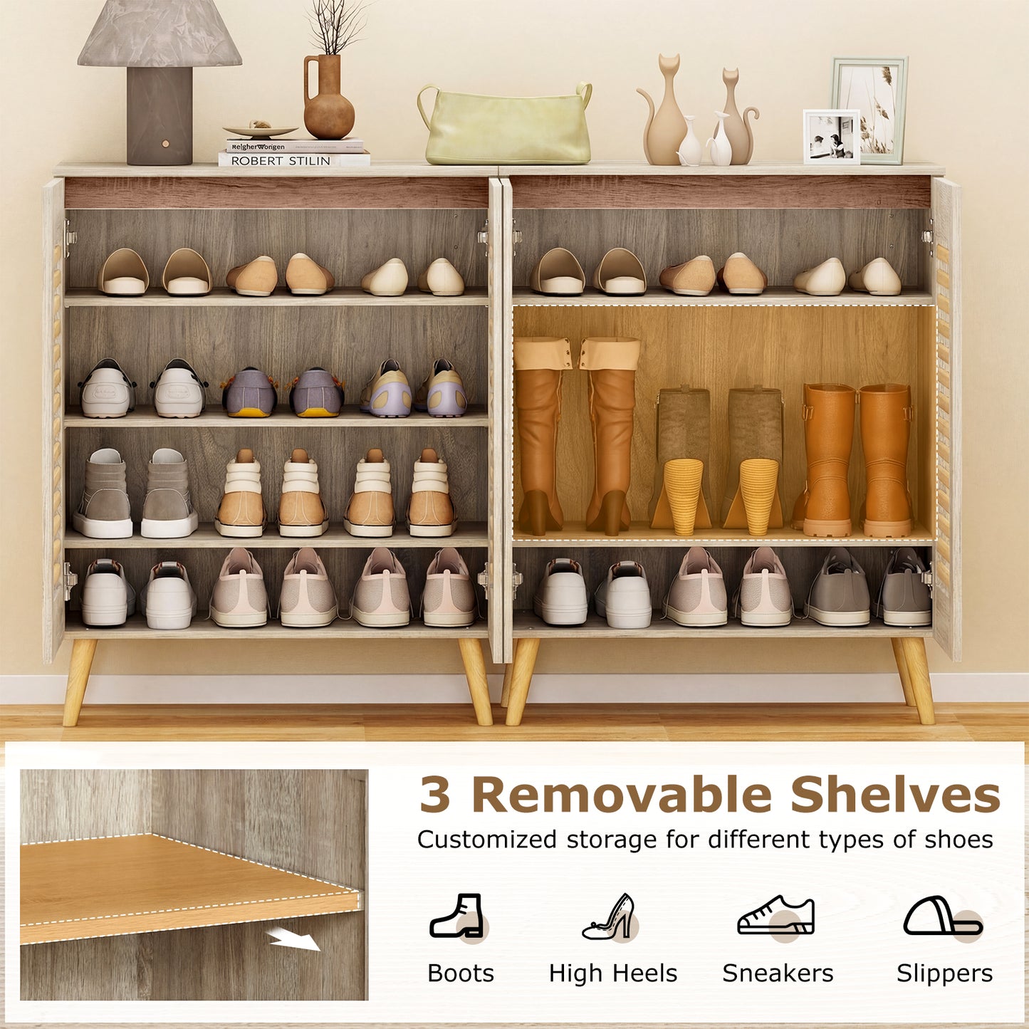 Shoe Cabinet with Louvered Doors and Removable Shelves, Natural Shoe Racks & Storage Benches at Gallery Canada