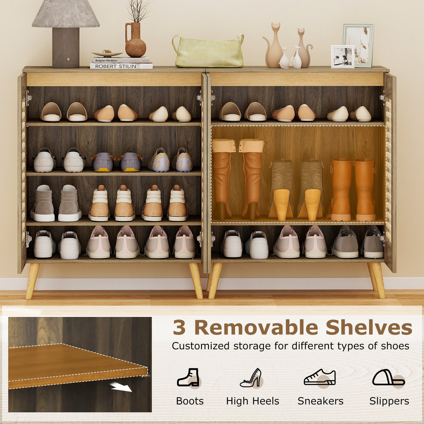 Shoe Cabinet with Louvered Doors and Removable Shelves, Walnut Shoe Racks & Storage Benches at Gallery Canada