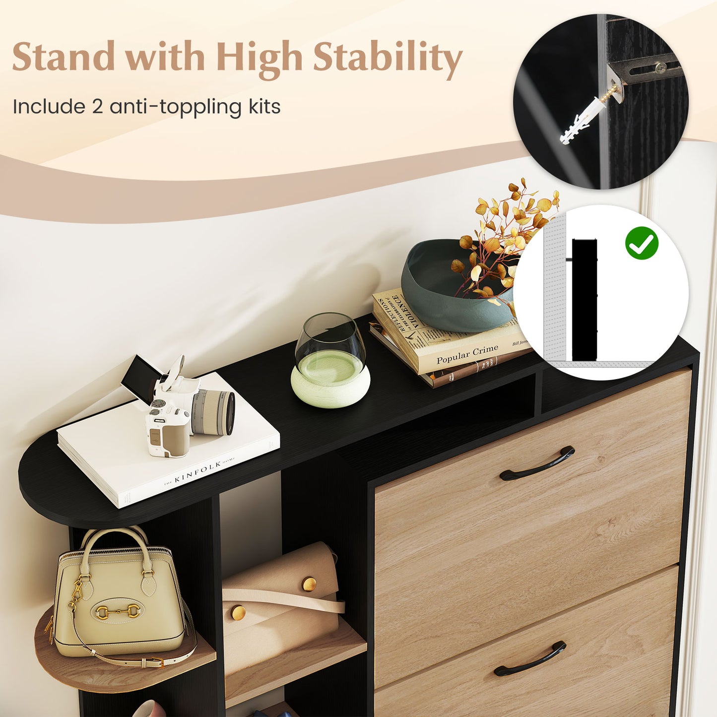 Shoe Cabinet with Open Shelves Modern Shoe Organizer with 3 Flip Drawers, Black Shoe Racks & Storage Benches at Gallery Canada