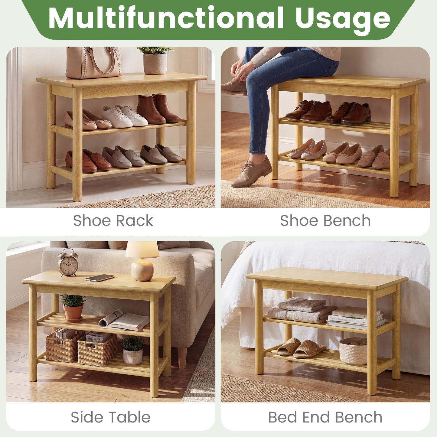 Shoe Rack Bench, 3-Tier Rubberwood, Natural Shoe Racks & Storage Benches at Gallery Canada