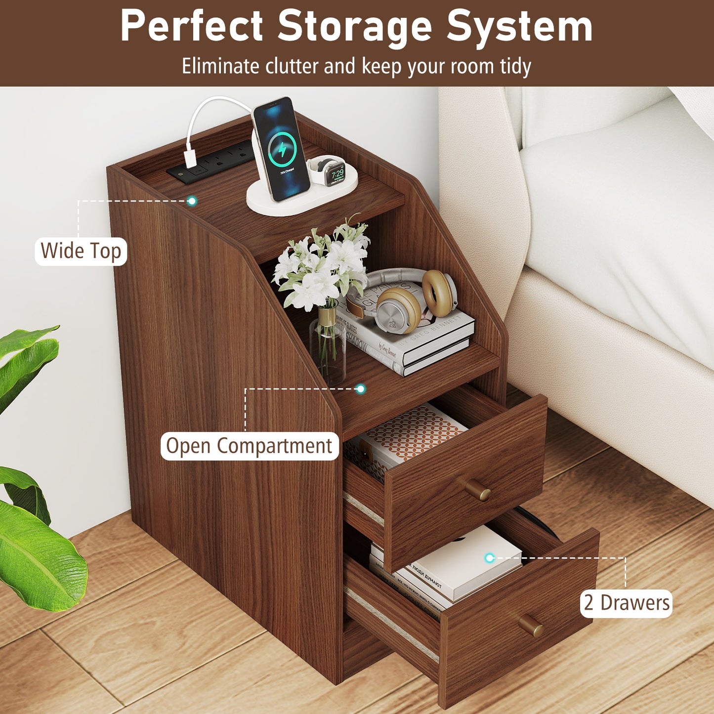Side End Table with Charging Station Sofa Couch Table with Shelf Drawers, Walnut