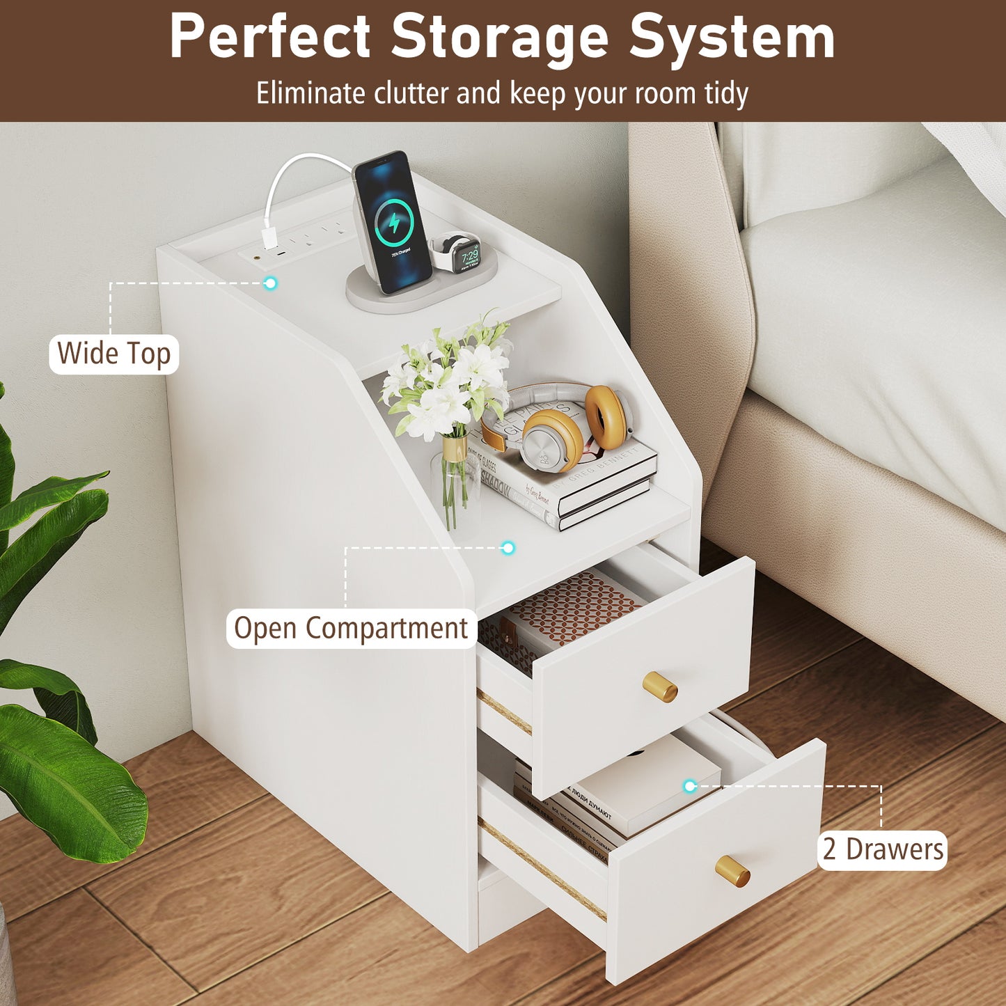 Side End Table with Charging Station Sofa Couch Table with Shelf Drawers, White End & Side Tables at Gallery Canada