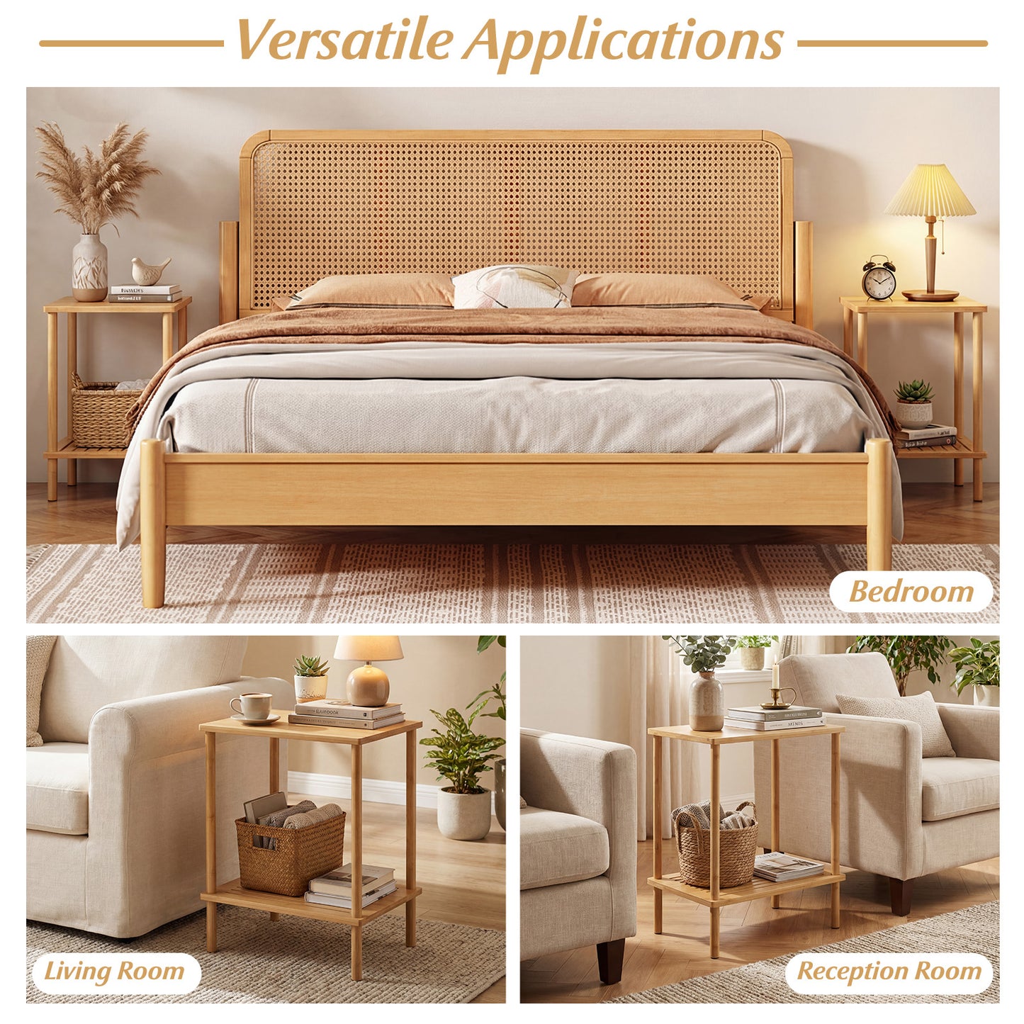 Side Table Set of 2 2-Tier Bamboo End Table with Storage Shelves Rectangular Tea Sofa Table, Natural End & Side Tables at Gallery Canada