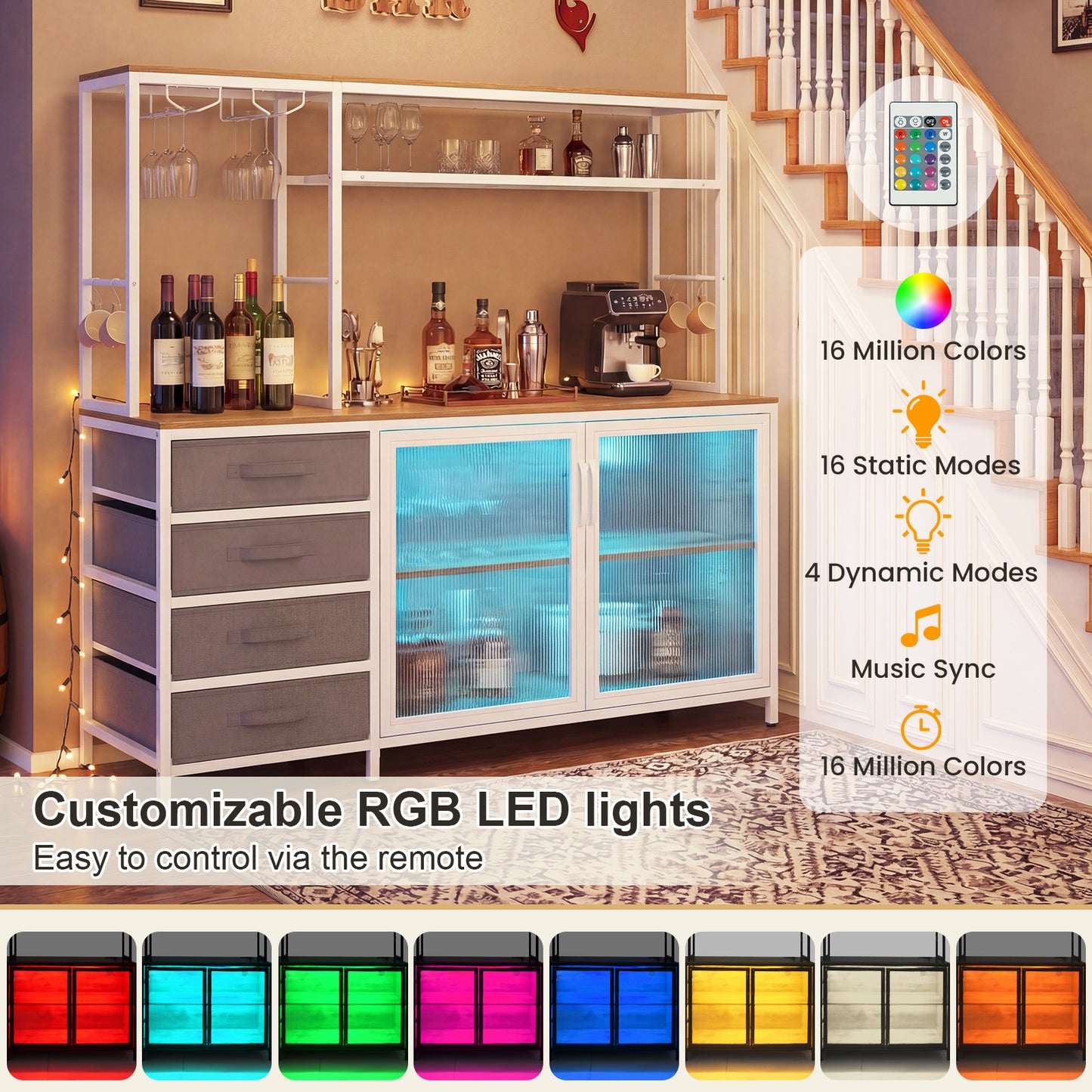 Sideboard Buffet Cabinet with LED Lights 55 inch Coffee Table with Power Outlets, Natural Sideboards Cabinets & Buffets at Gallery Canada
