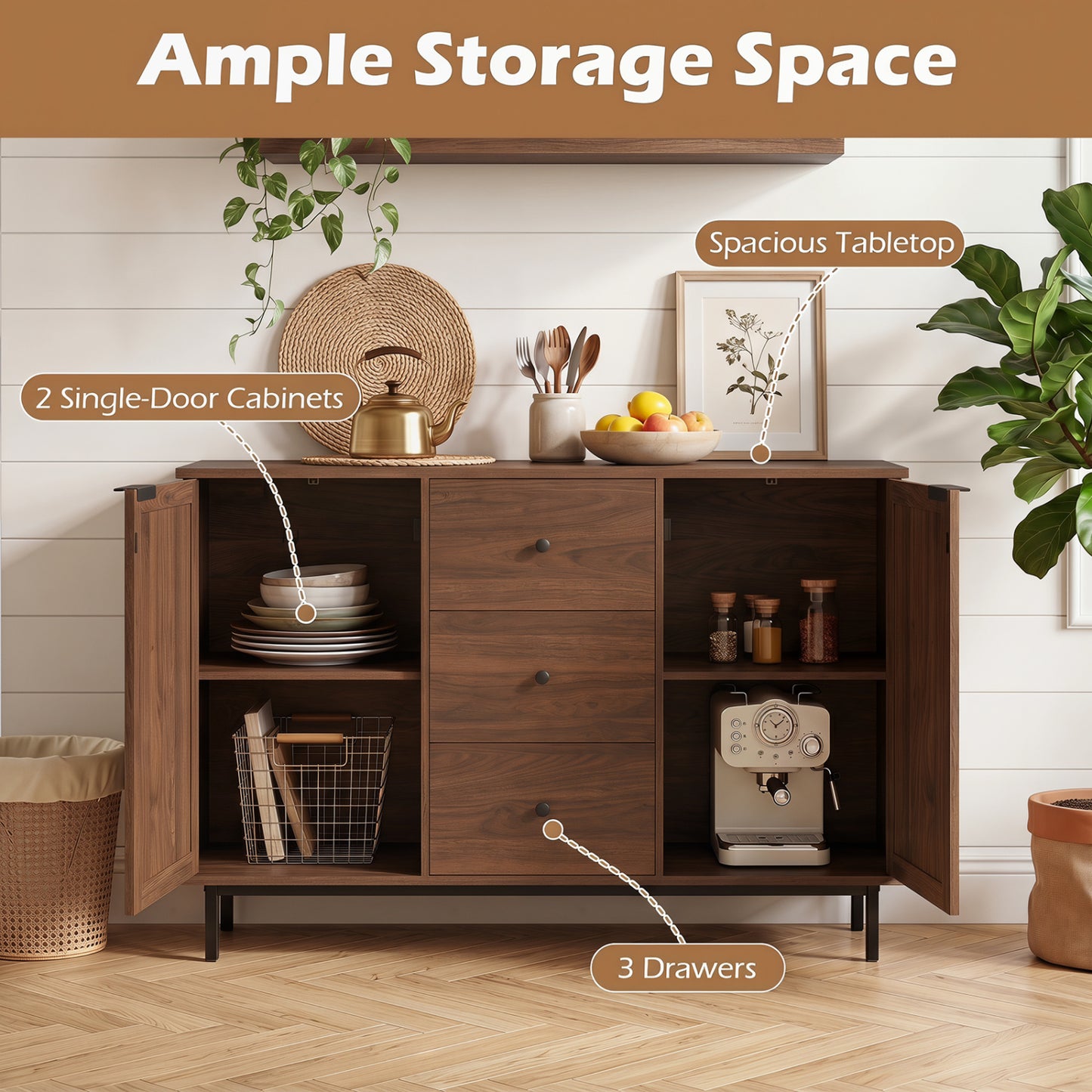 Rustic Farmhouse Sideboard Buffet Cabinet with Rattan Doors, Brown Sideboards Cabinets & Buffets at Gallery Canada