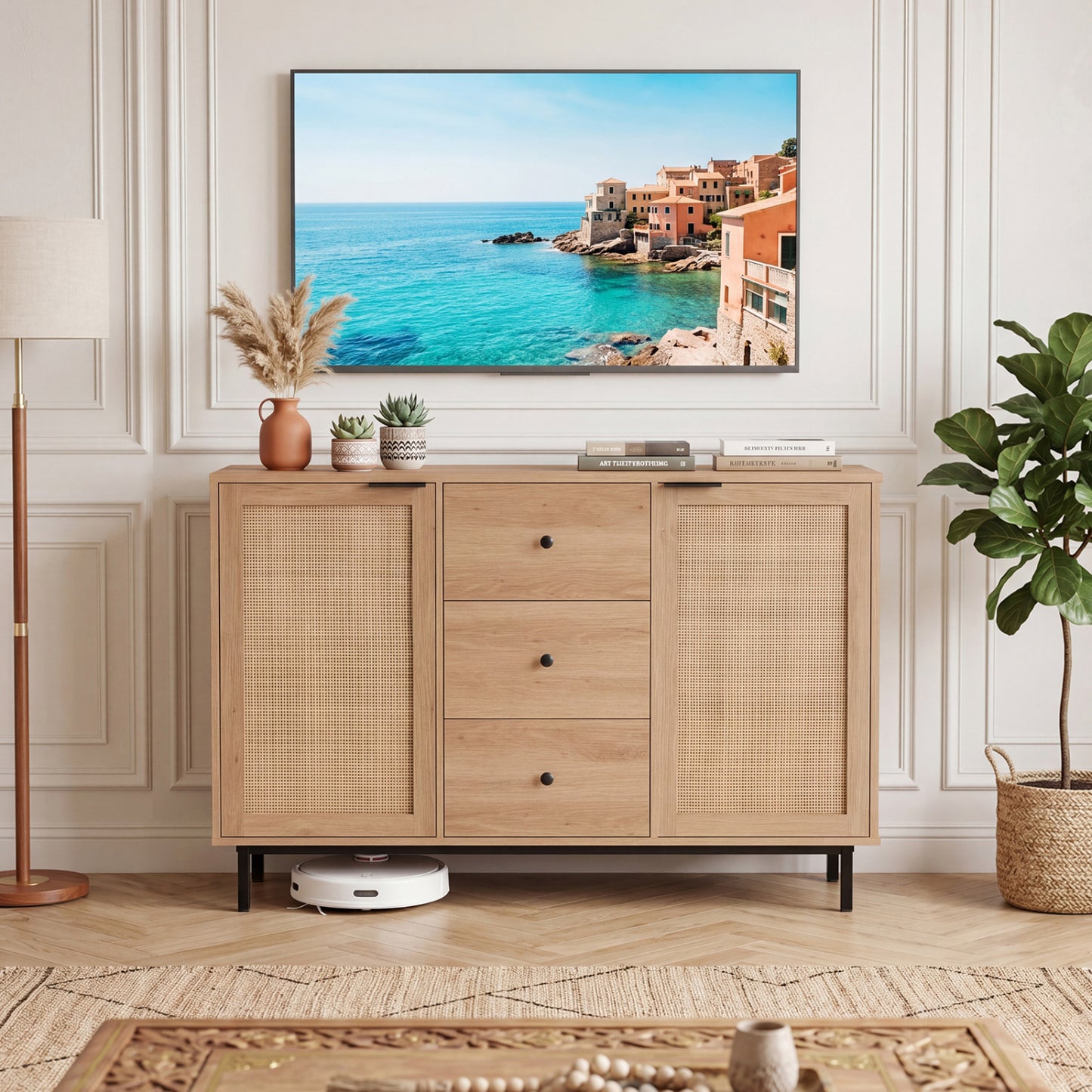 Sideboard Buffet Cabinet Rustic Farmhouse Coffee Bar Table with 2 Rattan Doors and 3 Drawers, Natural Sideboards Cabinets & Buffets at Gallery Canada