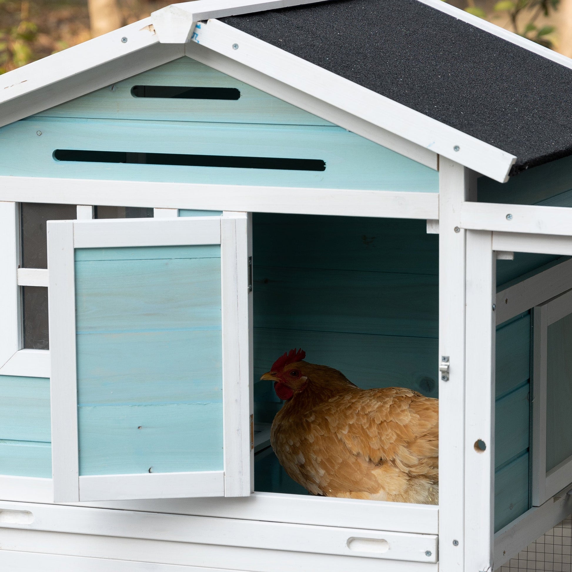 76" Wooden Chicken Coop, Outdoor Hen House Poultry Duck Goose Cage with Outdoor Run, Nesting Box, Removable Tray and Lockable Doors, Blue at Gallery Canada