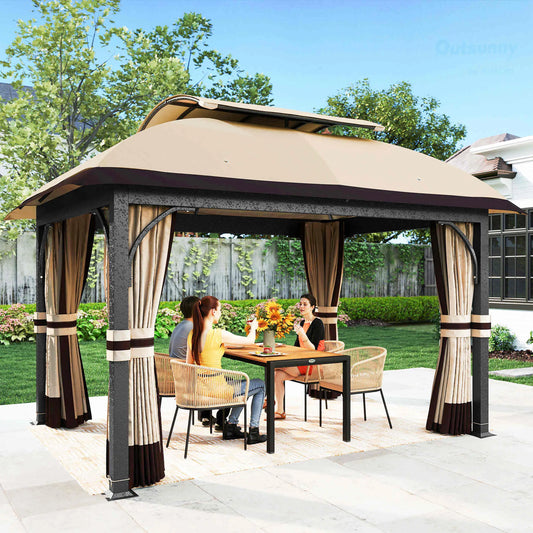 11' x 13' Patio Gazebo, Double Roof Canopy with Netting, Galvanized Frame, Khaki Gazebos Khaki at Gallery Canada