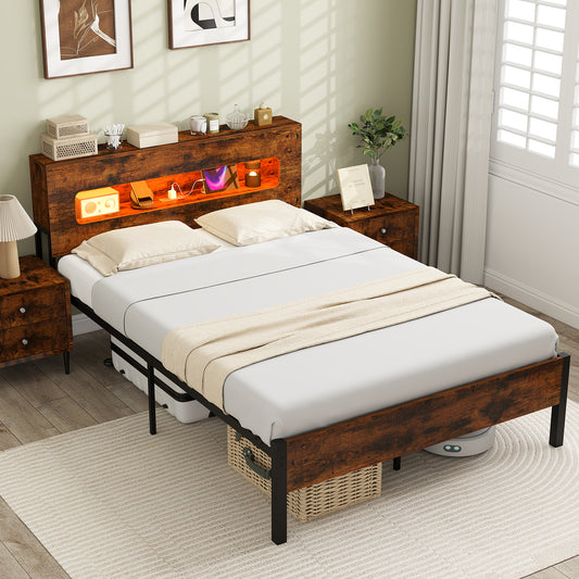 Slatted Full Bed Frame with LED Lights and Storage Headboard No Box Spring Needed-Full Size Simple Bed Frame Options at Gallery Canada
