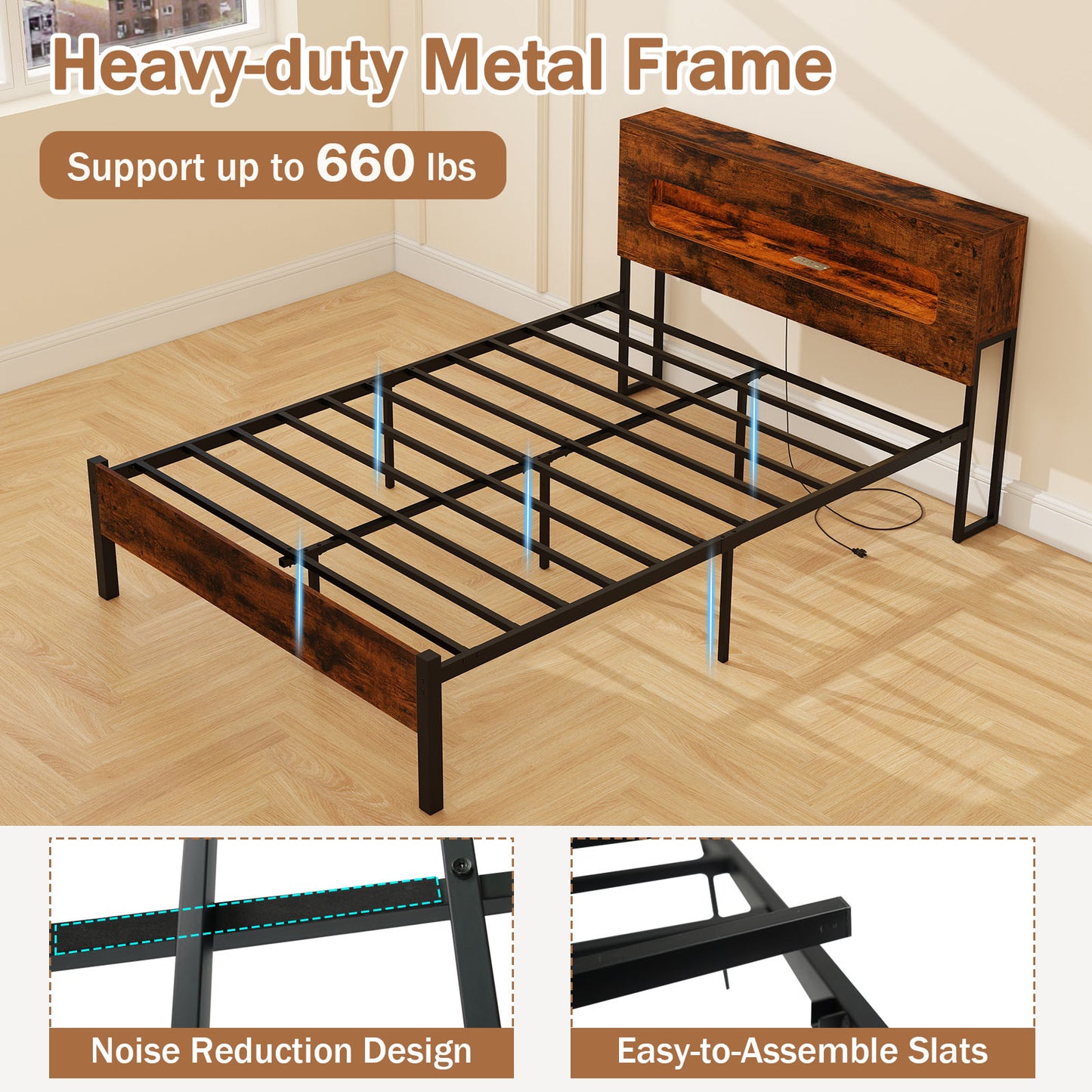 Slatted Full Bed Frame with LED Lights and Storage Headboard No Box Spring Needed-Full Size Simple Bed Frame at Gallery Canada