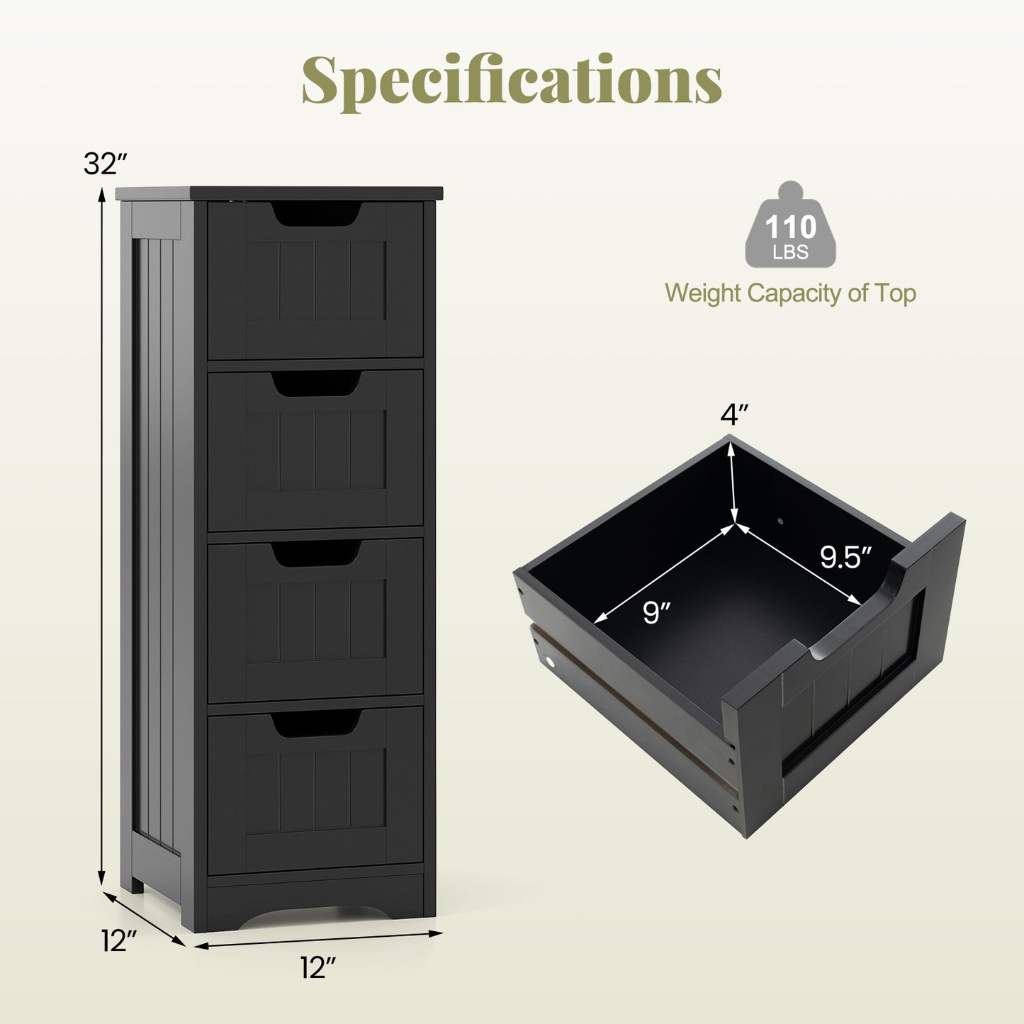 Free-Standing Side Storage Organizer with 4 Drawers, Black Floor Cabinets at Gallery Canada