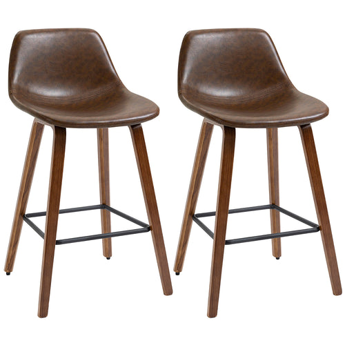 Counter Height Bar stools Set of 2 Mid-Back PU Leather Bar Chairs with Wood Legs, Brown